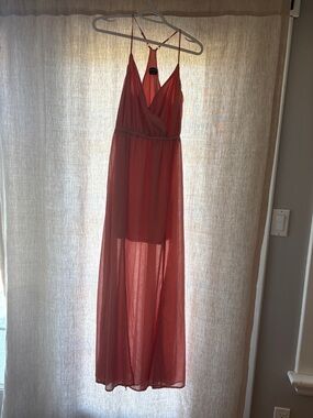 BEBE Coral Pink Maxi Dress with Sheer Overlay Size Small